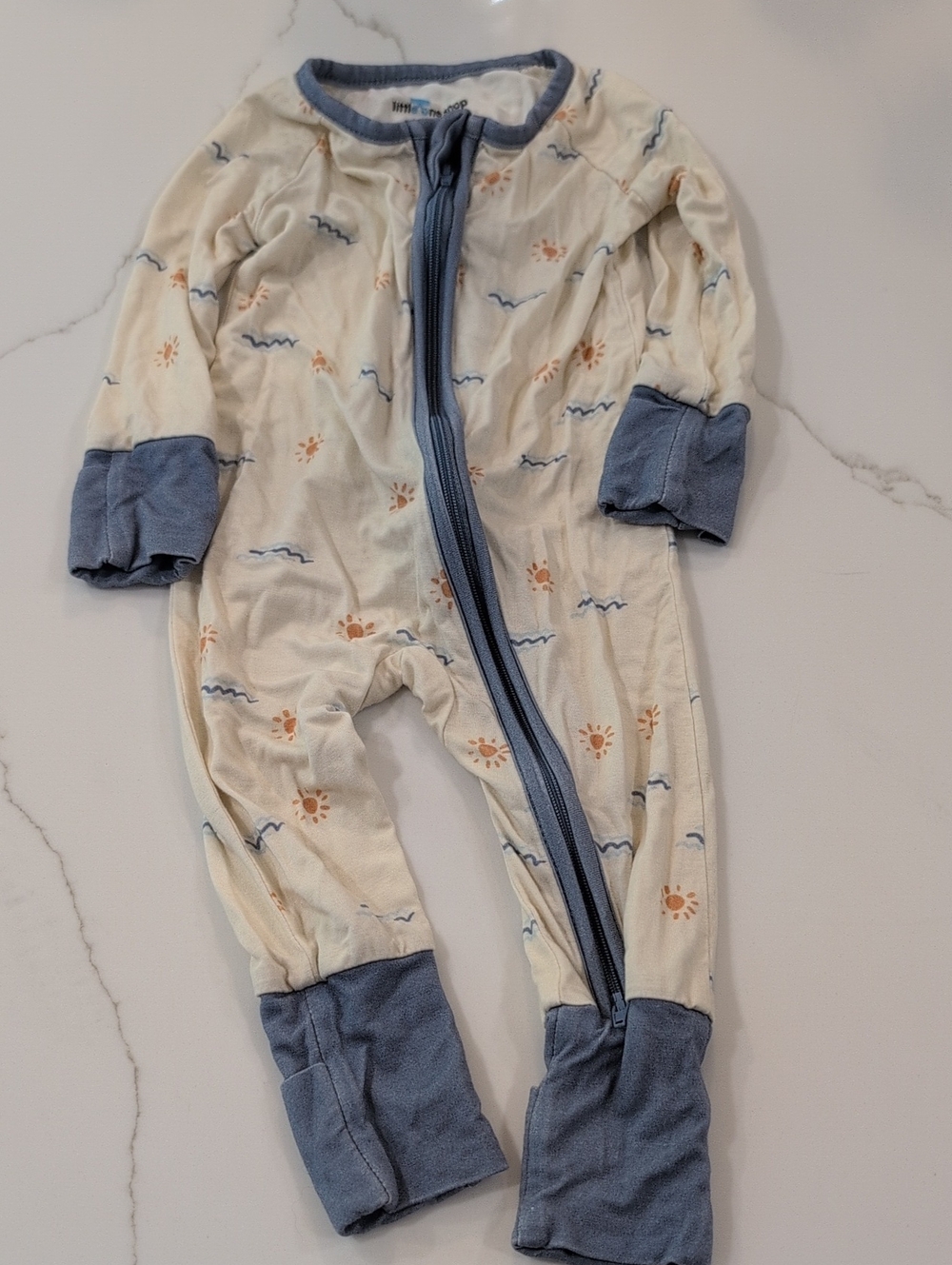 Cream and Blue Footed One-Piece Sleeper with Sun Print